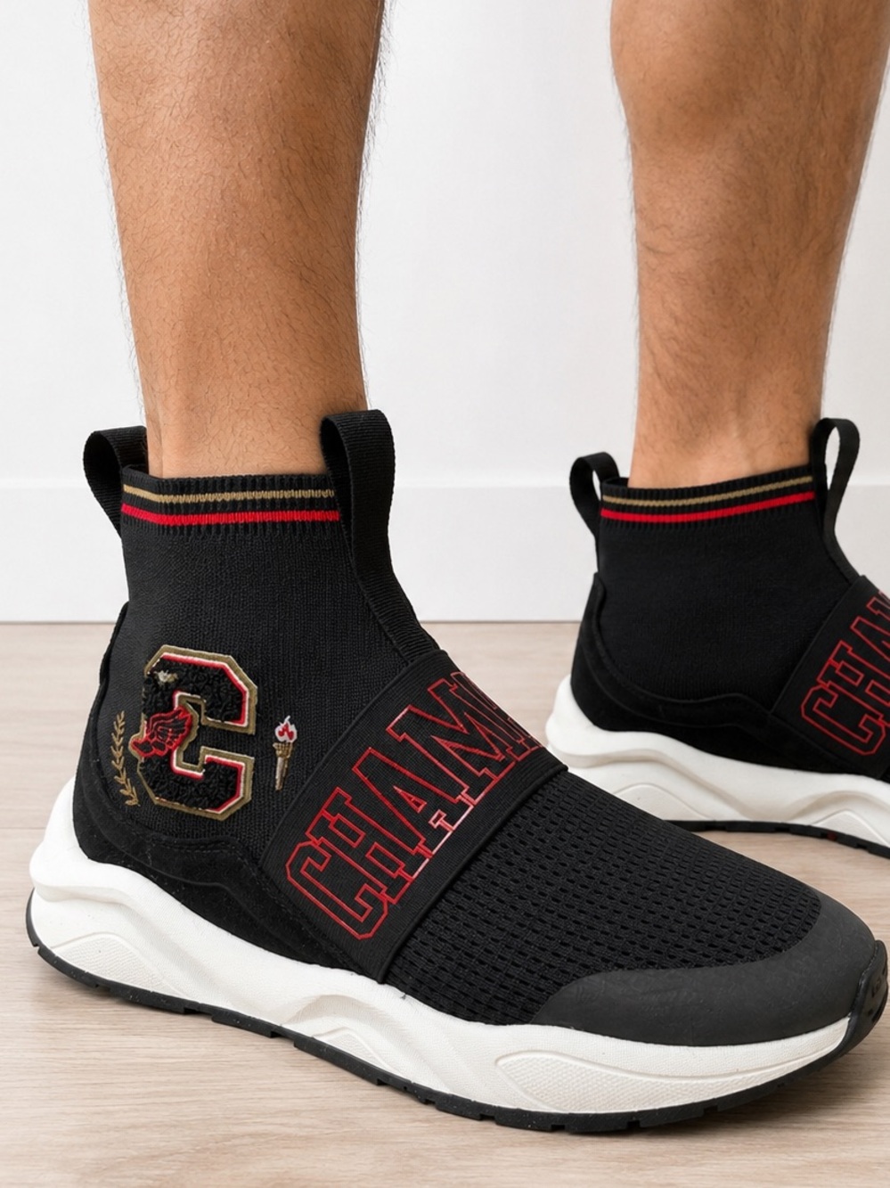 Champion Black Slip-On Knit Sneakers with Red and Gold Trim NWT 10.5